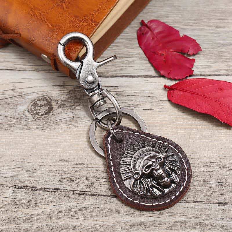 Indian Skull Charm Pendant Leather Keychain