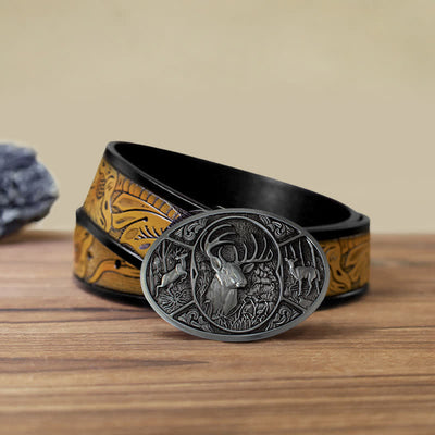 Men's DIY Animal Elk Deer Buckle Leather Belt