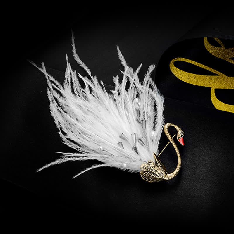 Women's Black / White Swan Plush Feather Brooch