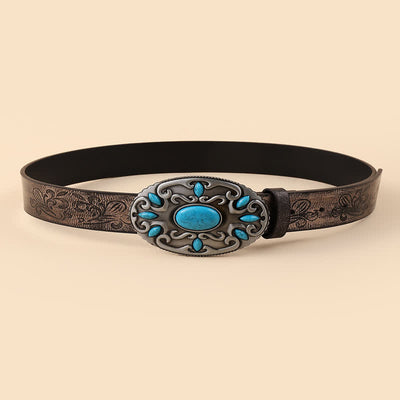 Women's Turquoise Decor Oval Buckle Leather Belt