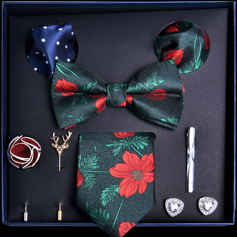 8Pcs ForestGreen&Red Leaves Flower Vogue Necktie Bow Ties Gift Box