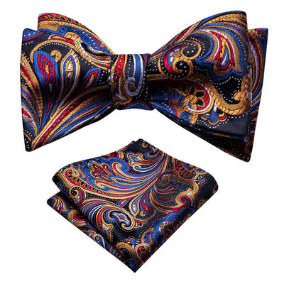 2Pcs Men's Gold & Blue Paisley Bow Tie Pocket Square Set