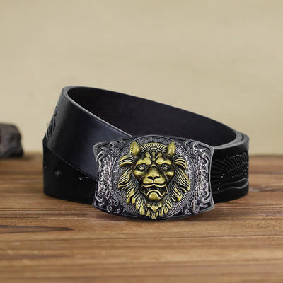 Men's DIY Gold Lion Hidden Folding Knife Leather Belt