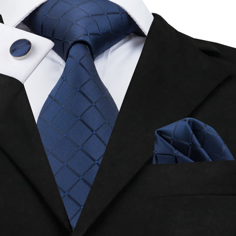 3Pcs Men's Marine Blue Plaid Necktie Set