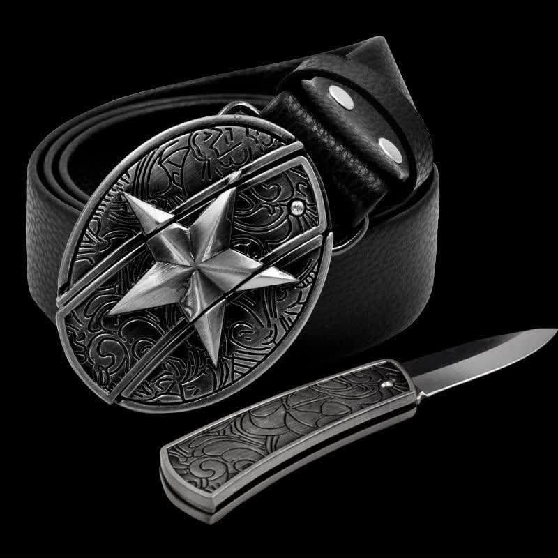 Men's Alone Pentagram Leather Belt With Folding Knife