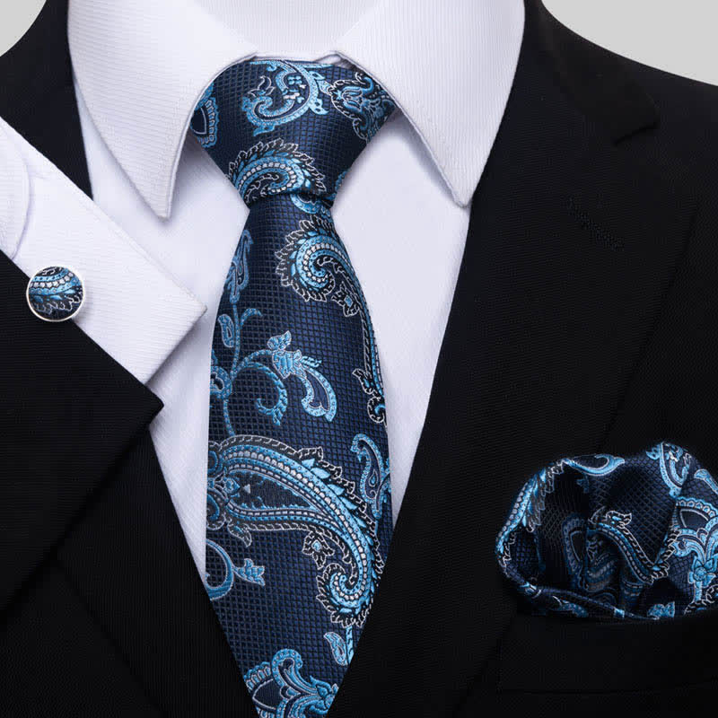 3Pcs Men's Shade of Blue Paisley Necktie Set