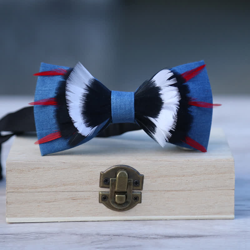 Black & White Deluxe Blue Flax Feather Bow Tie