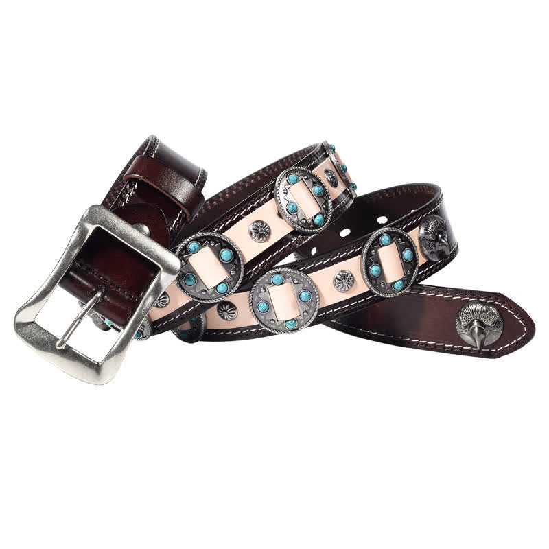 Men's Turquoise Inlay Floral Studded Leather Belt