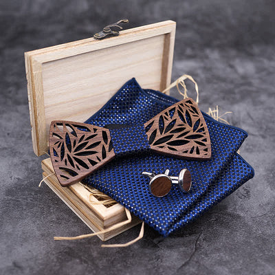 4pcs Men's Hollow Leaf Wooden Bow Tie Set