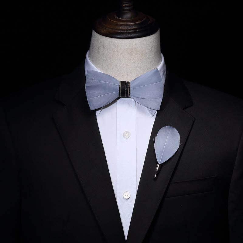 Lightblue Simple Feather Bow Tie with Lapel Pin