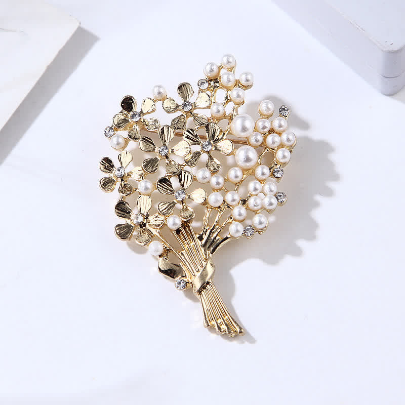 Women's Pearl Bouquet Of Gold Flowers Brooch