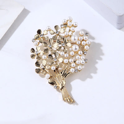 Women's Pearl Bouquet Of Gold Flowers Brooch