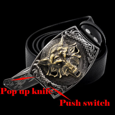 Men's Gold Wolf Head Leather Belt With Folding Knife
