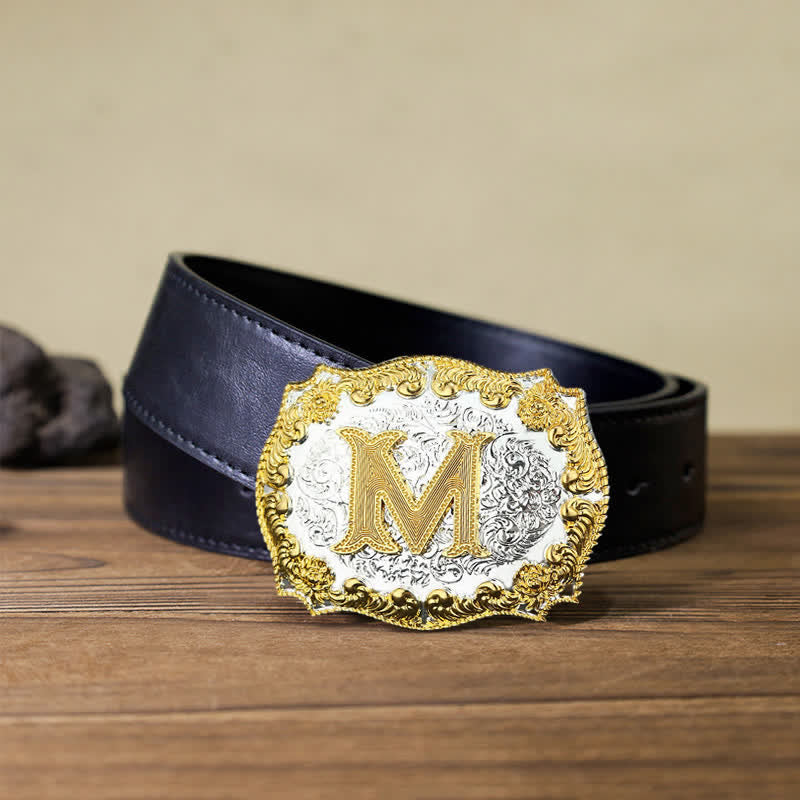 Men's DIY Golden Initial Letter Buckle Leather Belt