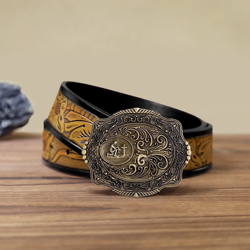 Men's DIY Engraved Floral Earnest Prayer Buckle Leather Belt