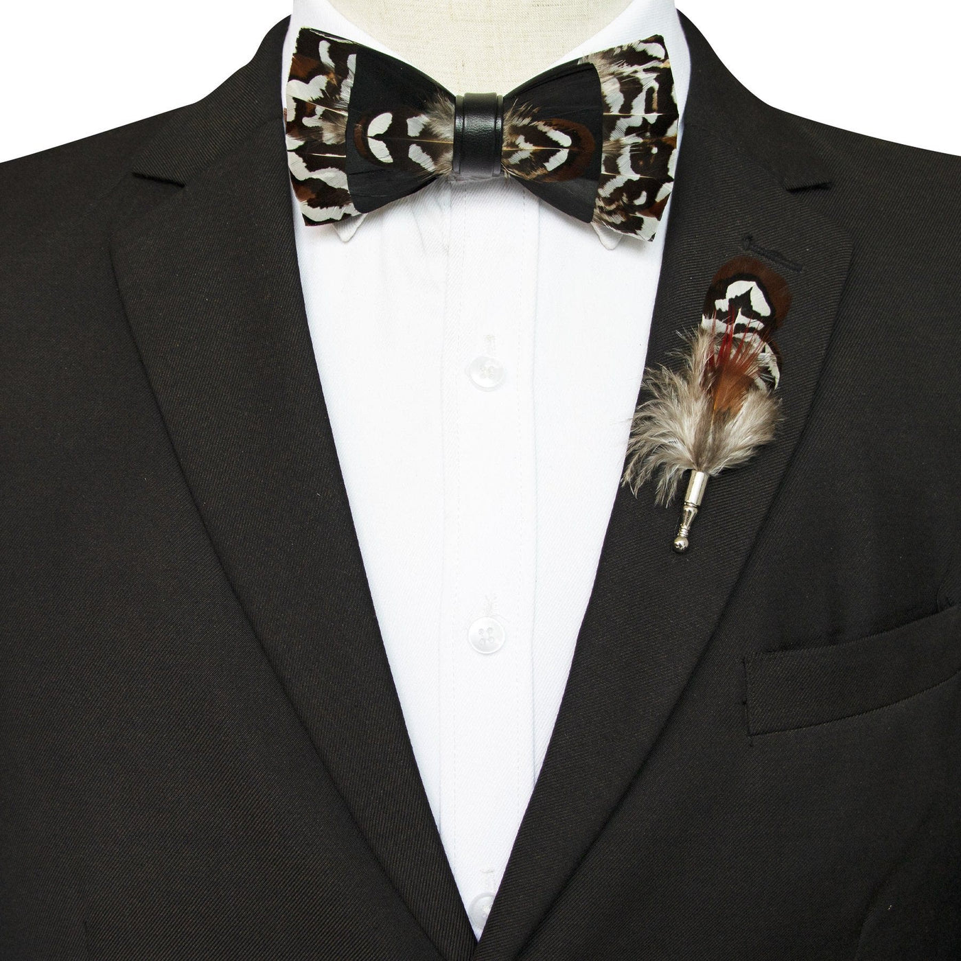 Black & Brown Gentle Feather Bow Tie with Lapel Pin