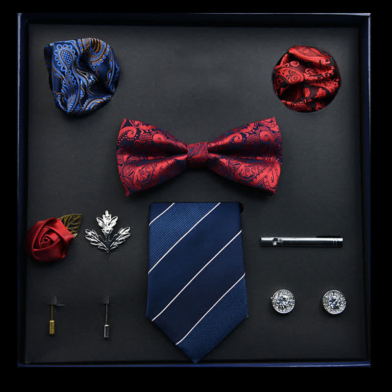 8Pcs Red&Blue Menswear Classic Business Cufflinks Bow Ties Gift Box