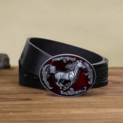 Men's DIY Red Enamel Running Horse Buckle Leather Belt