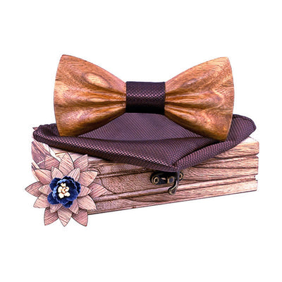 3Pcs Men's Hand Carved Crease Wooden Bow Tie Set