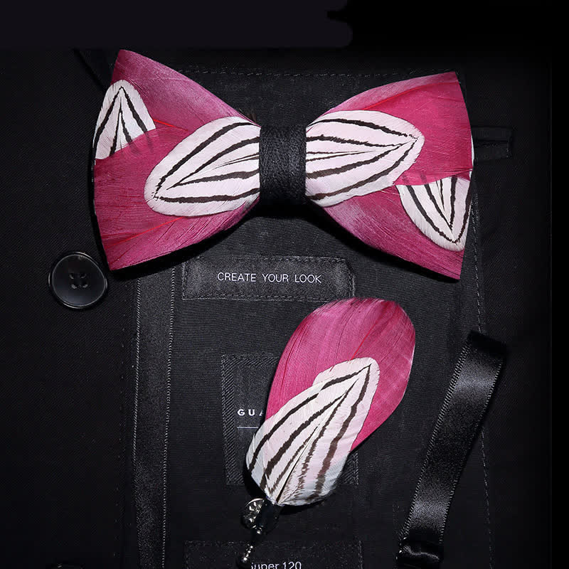 DeepPink & White Sweet Feather Bow Tie with Lapel Pin