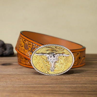 Men's DIY Shining Golden Bull Head Buckle Leather Belt