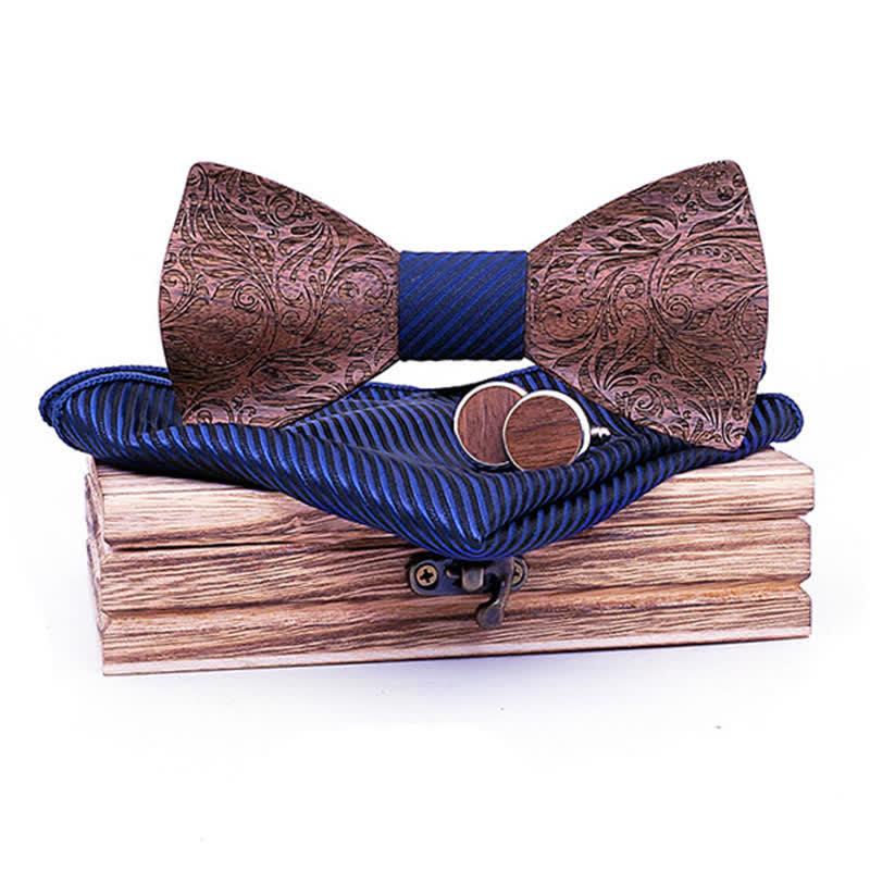 3Pcs Men's Black Walnut Paisley Wooden Bow Tie Set