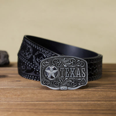 Men's DIY Texas Hollow Pentagrame Buckle Leather Belt