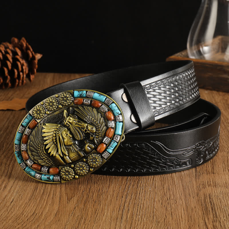 Men's Boho Indian Art Turquoise Leather Belt