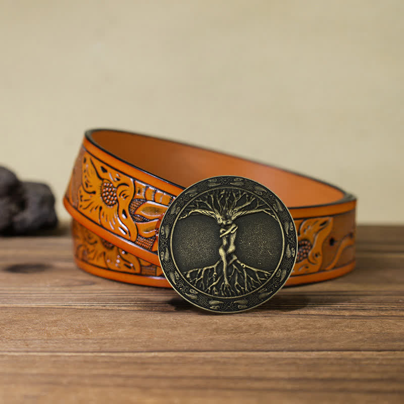 Men's DIY Tree Of Life Ash Elm Buckle Leather Belt