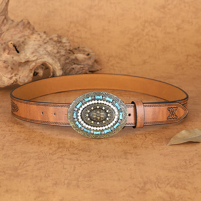 Women's Turquoise Pearl Boho Medallion Buckle Leather Belt