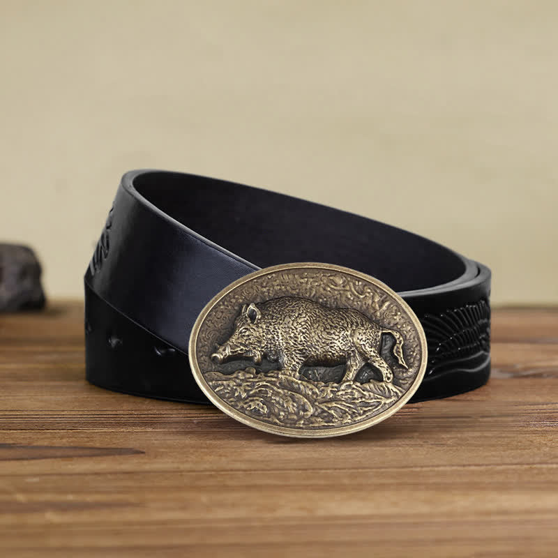 Men's DIY Hunter Wild Boar Buckle Leather Belt