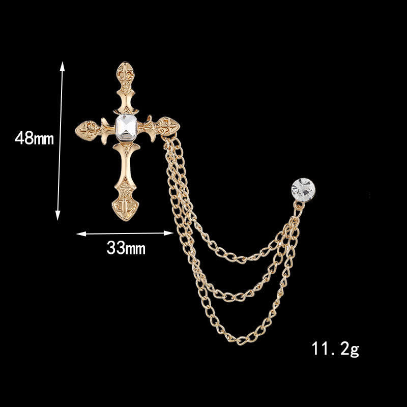 Men's Classic Cross Crystal Chain Brooch