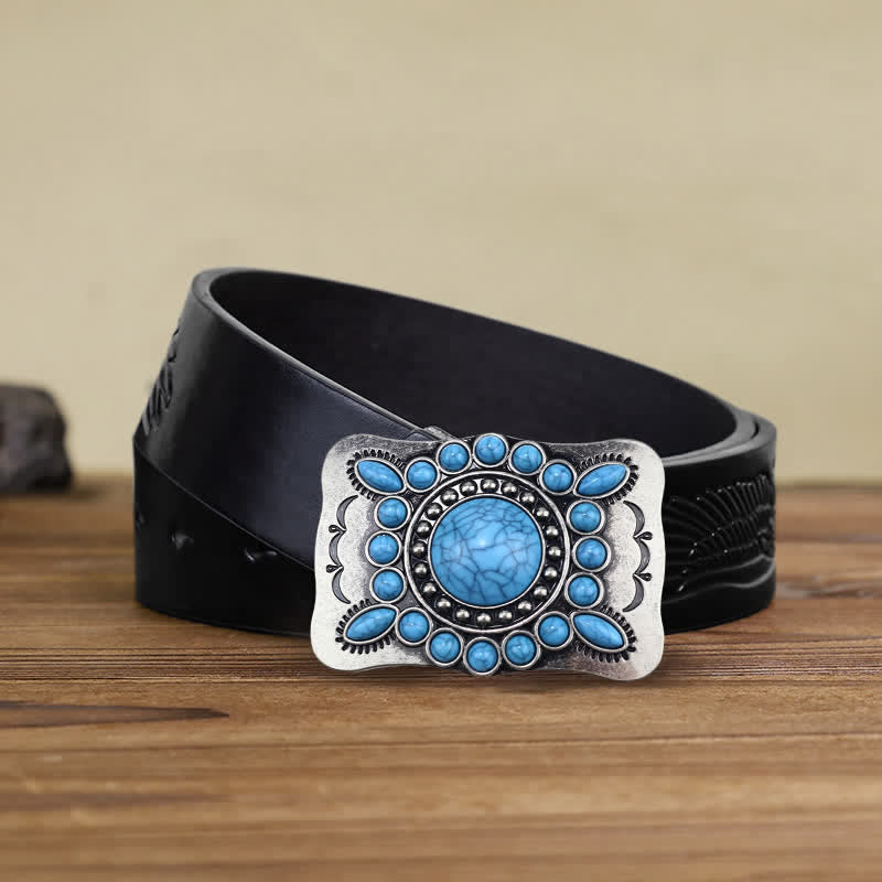 Men's DIY Rectangular Turquoise Stone Buckle Leather Belt
