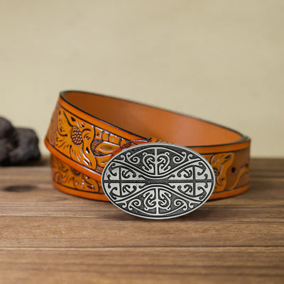 Men's DIY Celtic Cross Pattern Buckle Leather Belt