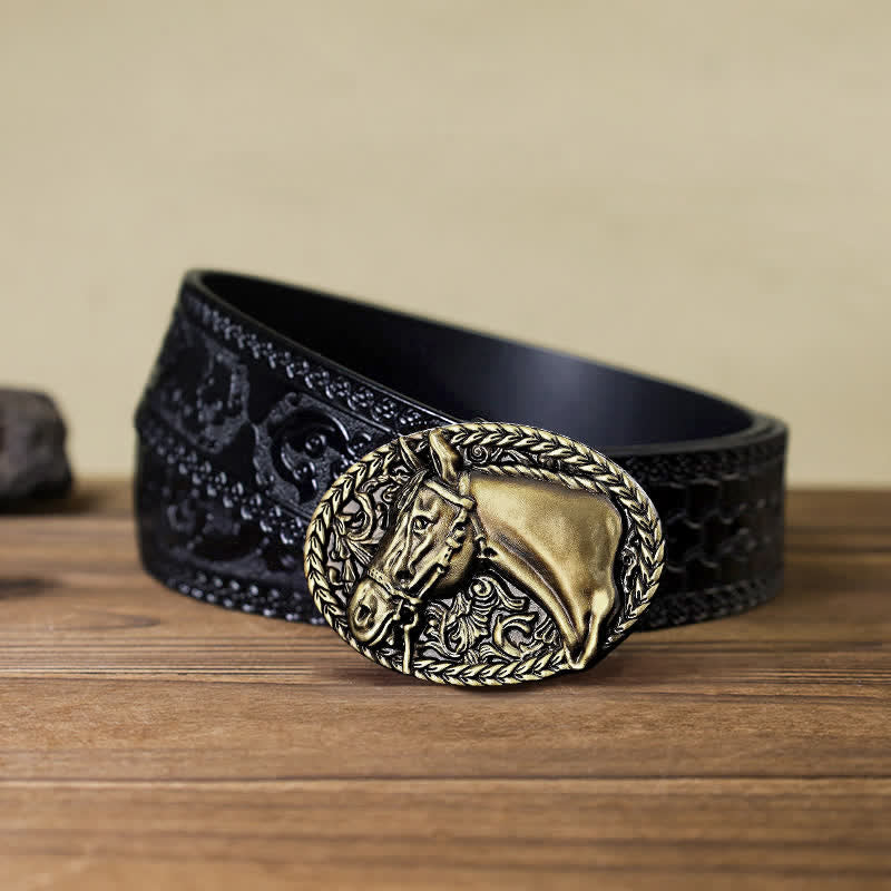 Men's DIY Engraved Horse Head Buckle Leather Belt