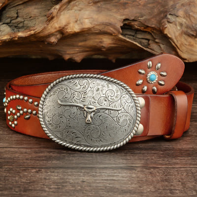 Men's Punk Rivet Longhorn Bull Turquoise Real Leather Belt