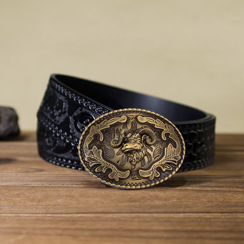 Men's DIY Bronze Wild Goat Head Buckle Leather Belt