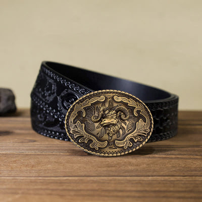 Men's DIY Bronze Wild Goat Head Buckle Leather Belt