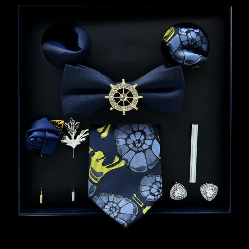 8Pcs Blue&Yellow Floral Casual Necktie Bow Ties Gift Box