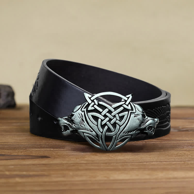 Men's DIY Wolf Head Celtic Knot Buckle Leather Belt