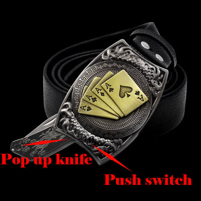 Men's Gold Poker Leather Belt With Folding Knife