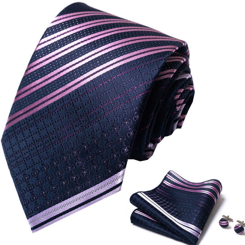 3Pcs Men's Noble Navy & Violet Striped Necktie Set