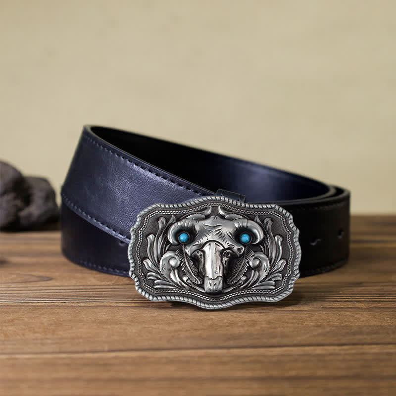 Men's DIY Goat Skull Turquoise Buckle Leather Belt