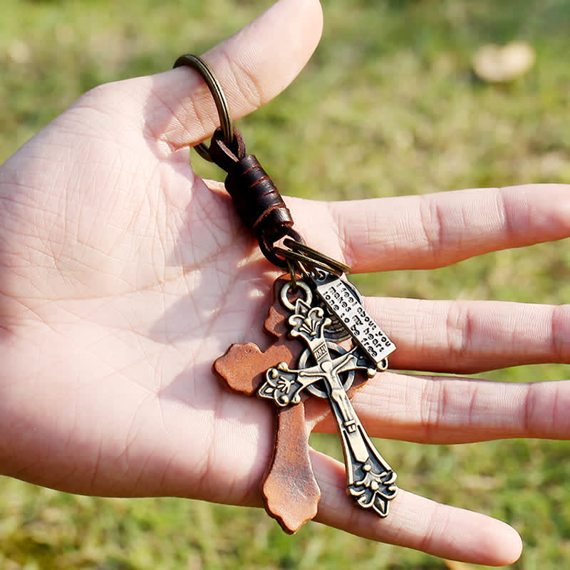 Antique Bronze Cross Pendant Leather Keychain