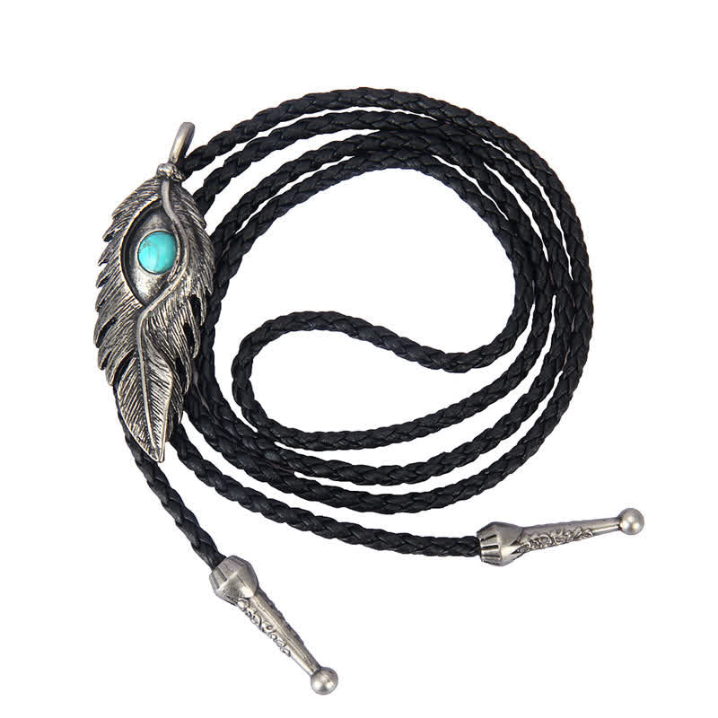 Blue Turquoise Stone Inlay Feather Shape Bolo Tie