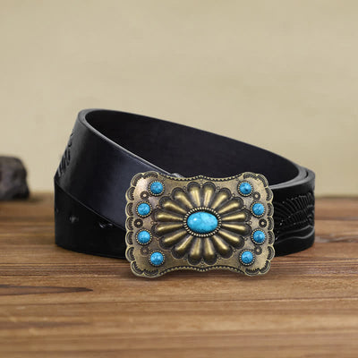 Men's DIY Western Turquoise Stone Rectangle Buckle Leather Belt