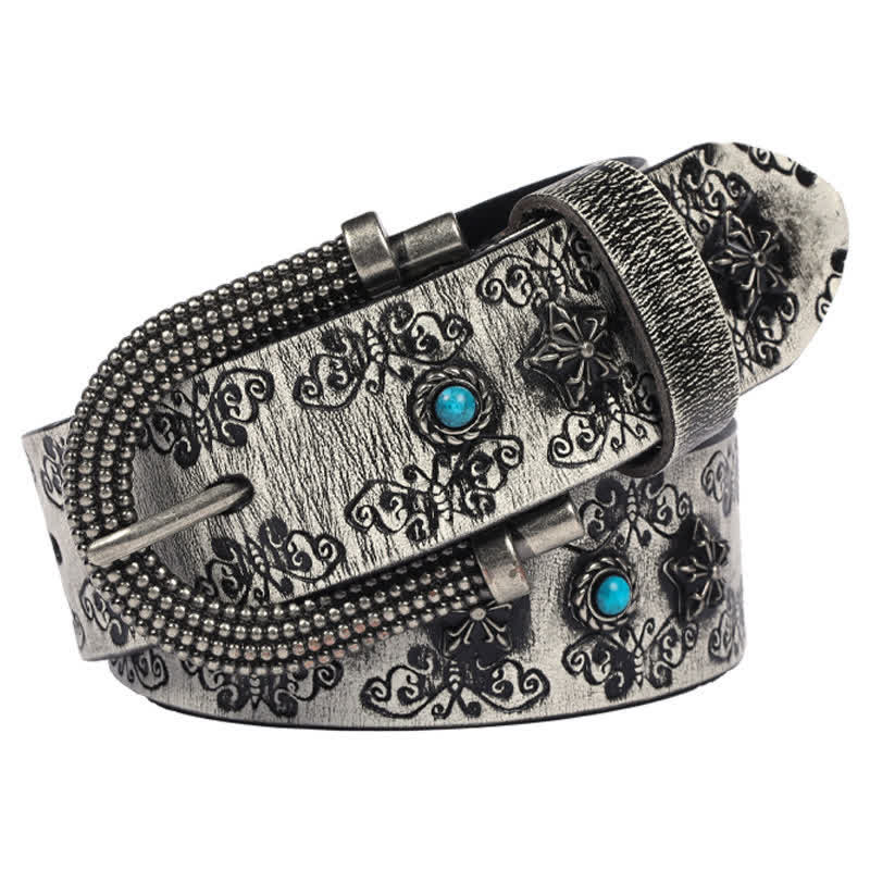 Men's Rivet Butterfly Carving Turquoise Inlay Leather Belt