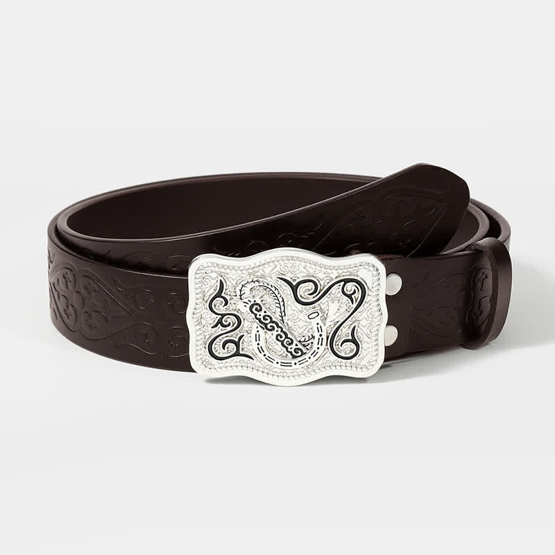 Western Silver Carving Flower Buckle Leather Belt