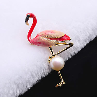 Women's Enameled Flamingo With Pearl Brooch