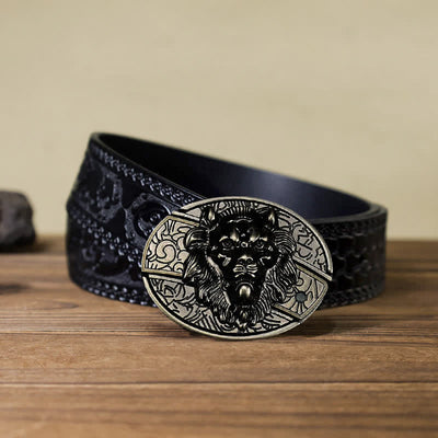 Men's DIY Lion Insignia Hidden Folding Knife Leather Belt